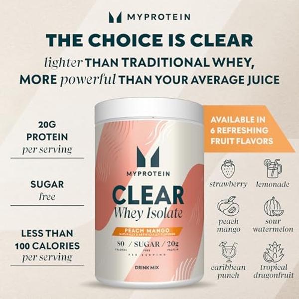 Myprotein Clear Whey Isolate Protein Powder, 1.1 Lb (20 Servings) Peach Mango, 20g Protein per Serving, Naturally Flavored Drink Mix