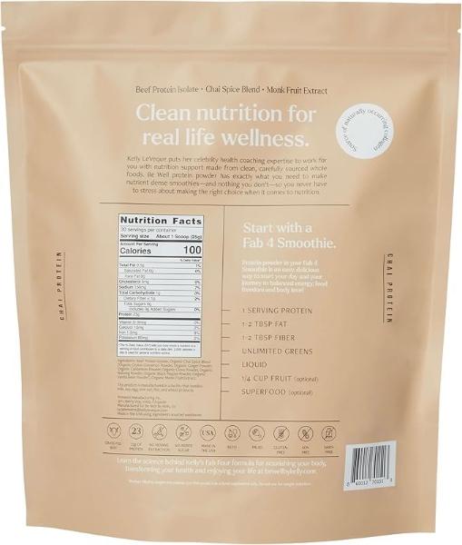 Be Well by Kelly Chai Grass-Fed Beef Protein Powder, 23G of Protein & 1G of Carbs (3 Ingredients, 30 Servings) 9 Amino Acids + 3 BCAAs No Soy, No Dairy, Stevia-Free, No Sugar Added