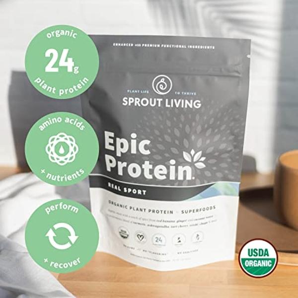 Sprout Living, Epic Protein, Plant Based Protein & Superfoods Powder, Real Sport | 24 Grams Organic Protein Powder, Recovery, Vegan, Non Dairy, Non-GMO, Gluten Free, Low Sugar (1 P
