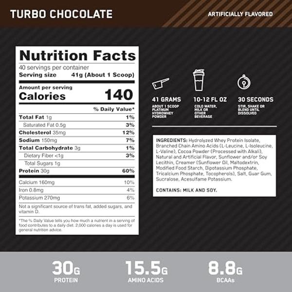 Optimum Nutrition Platinum Hydrowhey Protein Powder, 100% Hydrolyzed Whey Protein Isolate Powder, Flavor: Turbo Chocolate, 40 Servings, 3.61 Pounds (Packaging May Vary)