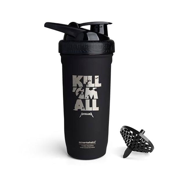 Smartshake Rockband Reforce Stainless Steel Protein Shaker Bottle 900 ml | 30 oz - Leakproof Screw-on Lid - BPA Free - Not Insulated – Unisex - Metallica, Kill ‘Em All Logo on Bott
