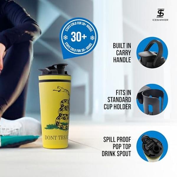 IS ICESHAKER Ice Shaker 26oz Protein Shaker Bottle, Stainless-Steel Water Bottle & Protein Shaker, Reusable & Insulated Shaker Bottle, As Seen on Shark Tank, Don't Tread On Me…