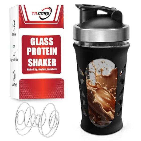 Tilcore Glass Protein Shaker Bottle for Protein Mixes and Shakes - 635ml 20oz, BPA-Free Shake Bottle, Leak-Proof Glass Shaker Blender - Mixer for Gym, Durable Shaker