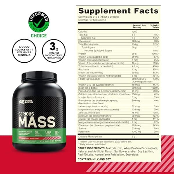 Optimum Nutrition Serious Mass, Weight Gainer Protein Powder, Mass Gainer, Vitamin C and Zinc for Immune Support, Creatine, Strawberry, 6 Pound (Packaging May Vary)