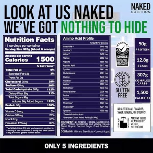 NAKED Strawberry Mass - 1,500 Calories, 50G Protein, Nothing Artificial. Strawberry Weight Gainer Protein Powder - 8lb Bulk, GMO Free, Gluten Free & Soy Free