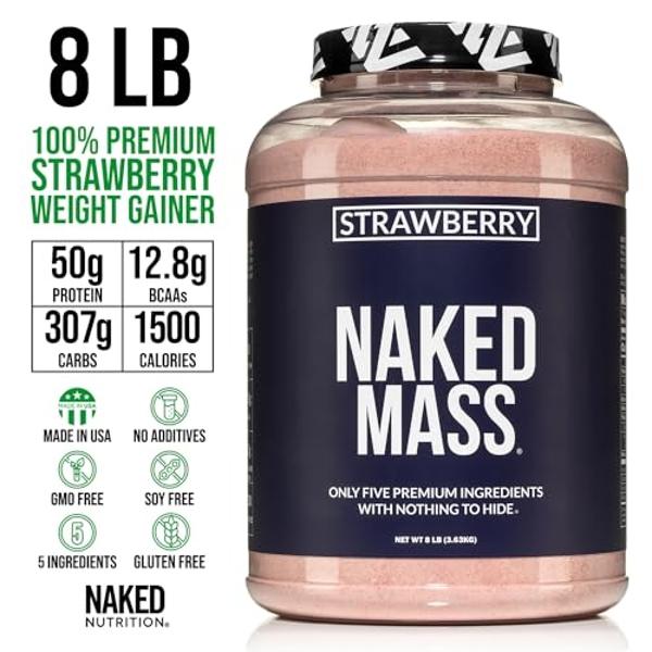 NAKED Strawberry Mass - 1,500 Calories, 50G Protein, Nothing Artificial. Strawberry Weight Gainer Protein Powder - 8lb Bulk, GMO Free, Gluten Free & Soy Free