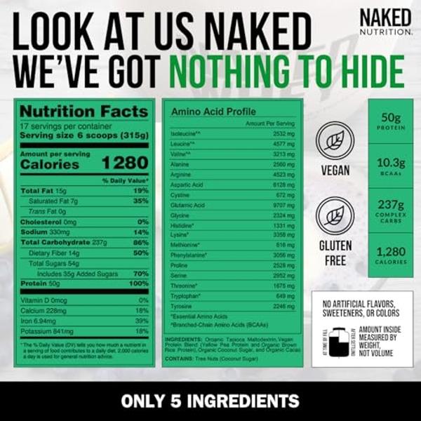 NAKED Vegan Mass - Chocolate Vegan Weight Gainer - 1,280 Calories, Non-GMO, Soy & Gluten Free, No Artificial Ingredients - 12LB Bulk - 17 Servings
