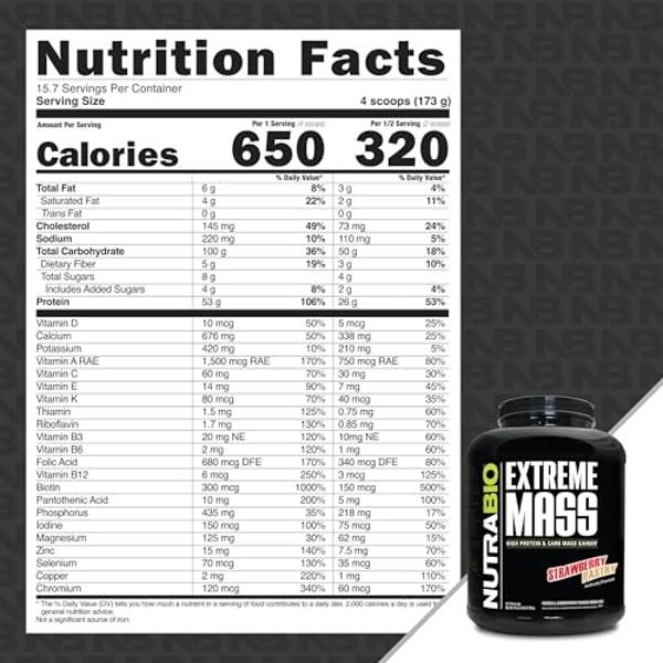 NutraBio Extreme Mass Gainer Protein Powder, 53G Protein, Clean Weight Gainer, Increase Muscle Mass, Full Spectrum Amino Acid - Strawberry Pastry, 6 Pound