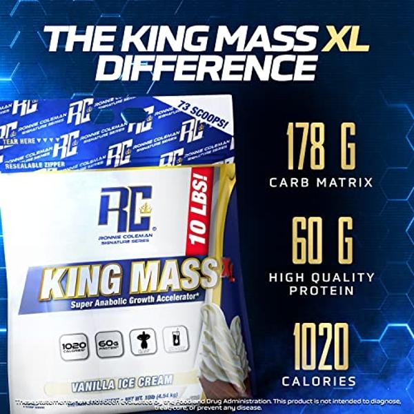 Ronnie Coleman Signature Series King Mass XL Mass Gainer Protein Powder, Muscle Gainer, 60g Protein, 180g Carbohydrates, 1,000+ Calories, Creatine and Glutamine, Vanilla Ice Cream,