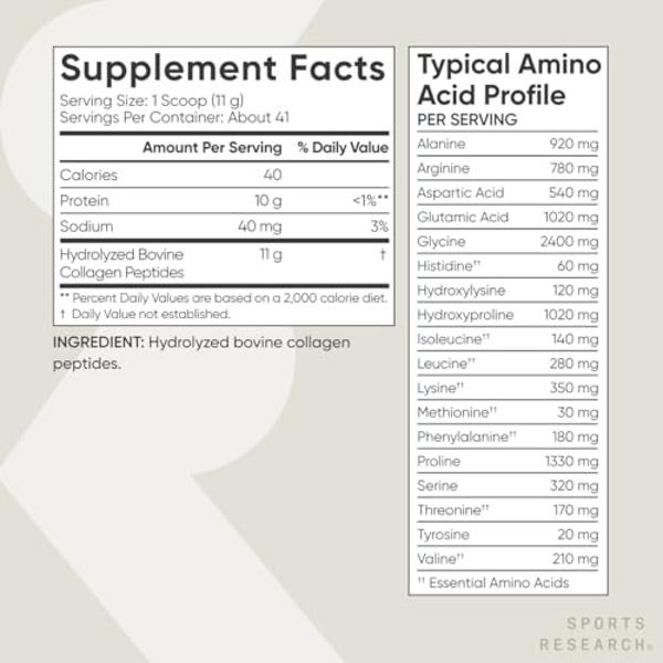 Sports Research Collagen Peptides for Women & Men, Unflavored, 16 oz., Hydrolyzed Type 1 & 3 Collagen Powder Protein Supplement for Healthy Skin, Nails, Bones & Joints