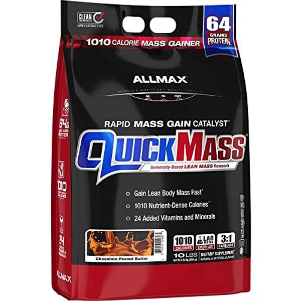 ALLMAX QUICKMASS, Chocolate Peanut Butter - 10 lb - Rapid Mass Gain Catalyst - Up to 64 Grams of Protein Per Serving - 3:1 Carb to Protein Ratio - Zero Trans Fat - Up to 70 Serving