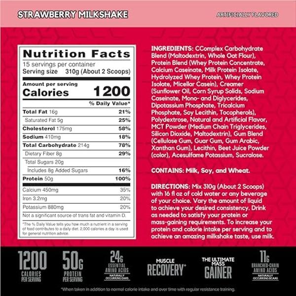 BSN TRUE-MASS Weight Gainer, Muscle Mass Gainer Protein Powder, Strawberry Milkshake, 10.25 Pound