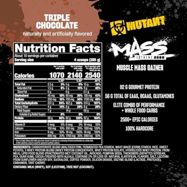 Mutant Mass Extreme Gainer – Whey Protein Powder – Build Muscle Size and Strength – High Density Clean Calories (Triple Chocolate, 6 lbs)