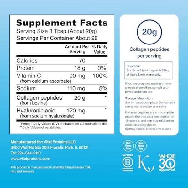 Vital Proteins Collagen Peptides Powder Advanced with Hyaluronic Acid & Vitamin C - 20oz Collagen Protein, Unflavored, 28 Servings