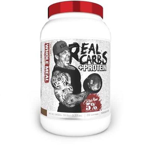 5% Nutrition Rich Piana Real Carbs + Protein | Clean Mass Gainer Protein Powder | Real Food Carbohydrate Fuel for Pre Workout/Post-Workout Recovery Meal | 3.2 lb, 20 Servings (Choc