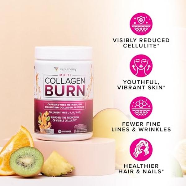 Multi Collagen Burn: MultiType Hydrolyzed Protein Peptides with Hyaluronic Acid, Vitamin C, SOD B Dimpless, Types I, II, III, V and X, with Caffeine 30 Servings Tropical Punch Flav