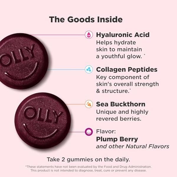 OLLY Glowing Skin Collagen Gummy, Hydrated, Youthful Skin, Hyaluronic Acid, Sea Buckthorn, Chewable Supplement, Berry, 25 Day Supply - 50 Count