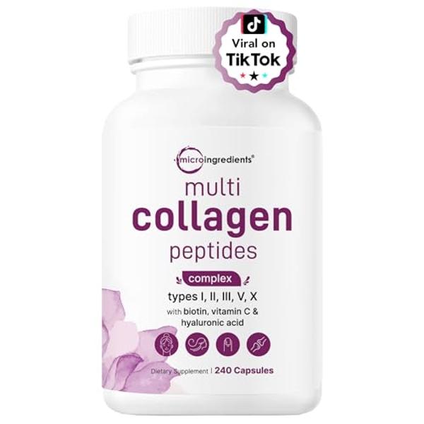 Micro Ingredients Multi Collagen Pills for Women & Men, 240 Capsules | Type I, II, III, V, X - Hydrolyzed Collagen Peptides with Biotin, Hyaluronic Acid & Vitamin C | Hair, Skin, N