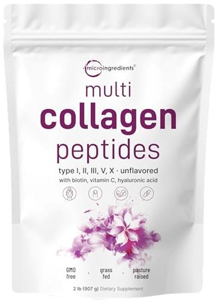 Multi Collagen Protein Powder, 2lbs – Hydrolyzed Collagen Peptides | Type I,II,III,V,X with Biotin 10000mcg, Hyaluronic Acid, Vitamin C – Unflavored – Keto & Paleo Friendly, Easy D