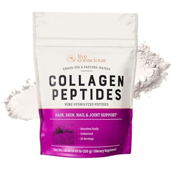 Live Conscious Collagen Peptides Powder - Naturally-Sourced Hydrolyzed Collagen Powder - Hair, Skin, Nail, and Joint Support - Type I & III Grass-Fed Collagen Supplements for Women
