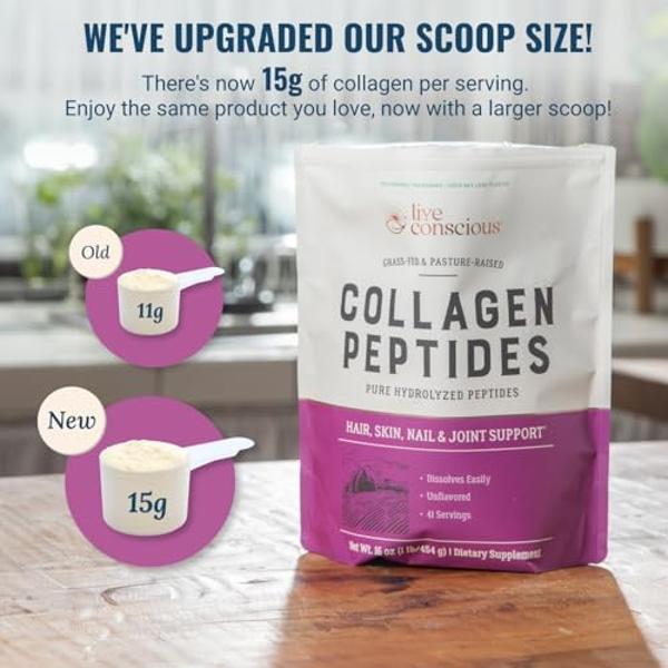 Live Conscious Collagen Peptides Powder - Naturally-Sourced Hydrolyzed Collagen Powder - Hair, Skin, Nail, and Joint Support - Type I & III Grass-Fed Collagen Supplements for Women