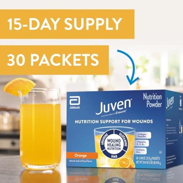 Juven Therapeutic Nutrition Drink Powder Including Collagen Peptides, Amino Acids, and HMB for Wound Healing Support, Orange, 30 Packets
