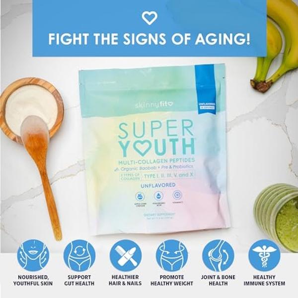 SkinnyFit Super Youth Unflavored Multi-Collagen Peptides + Probiotics, Baobab Fiber, Apple Cider Vinegar, Hyaluronic Acid, & Vitamin C, Skin, Hair, Joint & Metabolism Support, 30 S