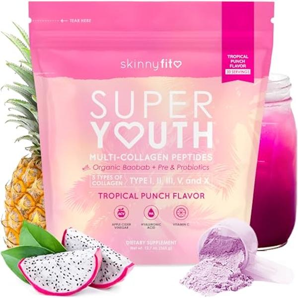 SkinnyFit Super Youth Tropical Punch Multi-Collagen Peptides + Probiotics, Baobab Fiber, Apple Cider Vinegar, Hyaluronic Acid, & Vitamin C, Skin, Hair, Joint & Metabolism Support, 