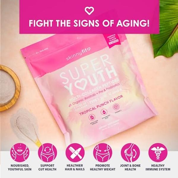 SkinnyFit Super Youth Tropical Punch Multi-Collagen Peptides + Probiotics, Baobab Fiber, Apple Cider Vinegar, Hyaluronic Acid, & Vitamin C, Skin, Hair, Joint & Metabolism Support, 