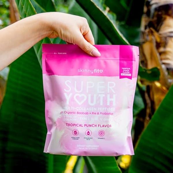SkinnyFit Super Youth Tropical Punch Multi-Collagen Peptides + Probiotics, Baobab Fiber, Apple Cider Vinegar, Hyaluronic Acid, & Vitamin C, Skin, Hair, Joint & Metabolism Support, 