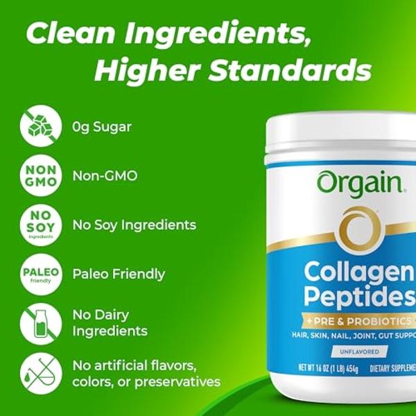 Orgain Hydrolyzed Collagen Peptides + Prebiotic & Probiotics Powder for Women & Men, 20g Grass Fed Collagen, 1 Billion CFU - Supports Digestive, Hair, Skin & Joint Health, Non-GMO,