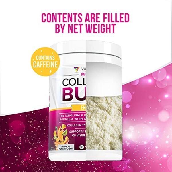 Multi Collagen Burn: MultiType Hydrolyzed Protein Peptides with Hyaluronic Acid, Vitamin C, SOD B Dimpless, Types I, II, III, V and X, with Caffeine 30 Servings Tropical Punch Flav