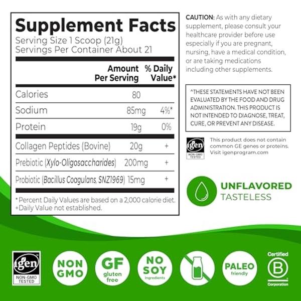 Orgain Hydrolyzed Collagen Peptides + Prebiotic & Probiotics Powder for Women & Men, 20g Grass Fed Collagen, 1 Billion CFU - Supports Digestive, Hair, Skin & Joint Health, Non-GMO,