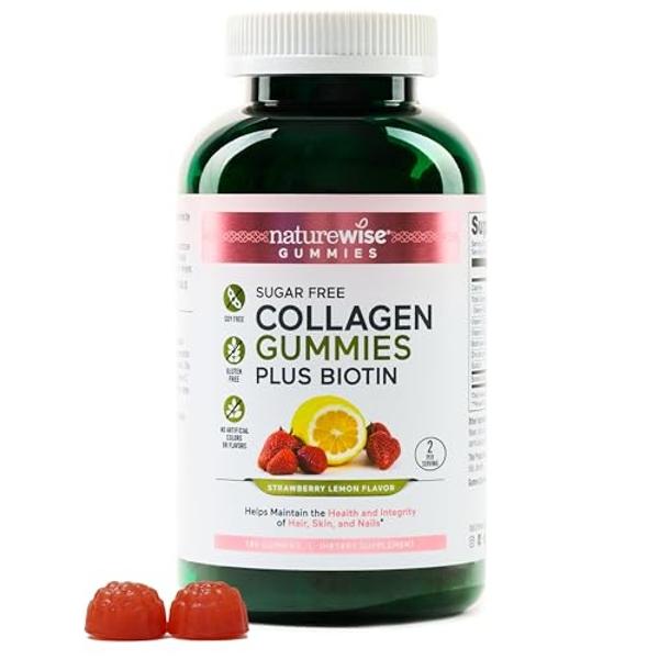 NatureWise Collagen Gummies - Sugar-Free Hydrolyzed Collagen Gummies - Type 1 & 3 Peptides for Women + Biotin, Vitamin C, E, & Zinc for Hair Skin and Nails Support - 180 Count[3-Mo