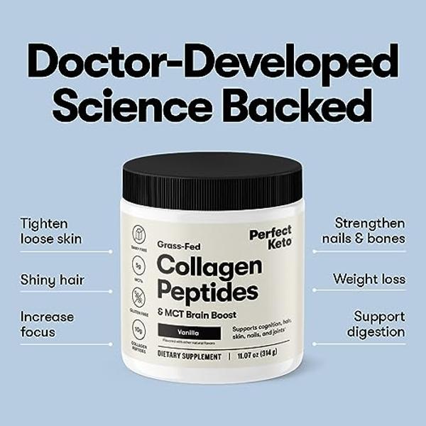 Perfect Keto Collagen Peptides Protein Powder with MCT Oil, Hydrolyzed Collagen, Type I & III Supplement, Gluten Free Grass Fed, Low Carb, Keto Coffee Creamer, Collagen for Women &