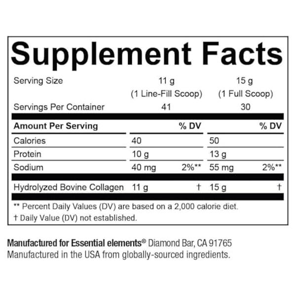 Essential Elements Hydrolyzed Collagen Peptides Powder - Supplement for Joint, Skin, Hair, & Nail Support Types I III Non-GMO, Hormone-Free, Grass-Fed 41 Servings