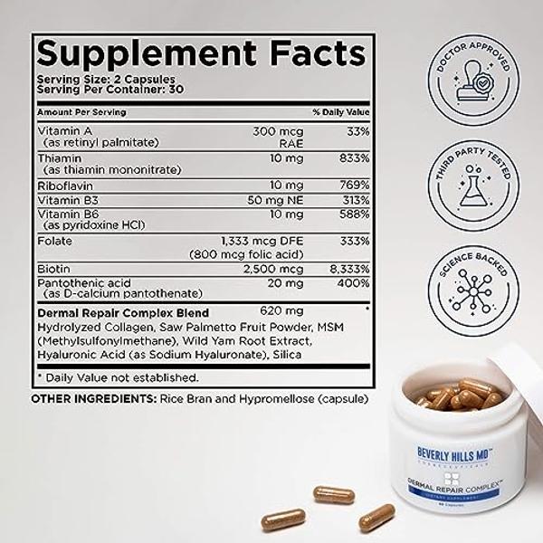 Beverly Hills MD Dermal Repair Anti-Aging Supplement - Hyaluronic Acid, Collagen, Vitamins for Smooth, Plump Skin