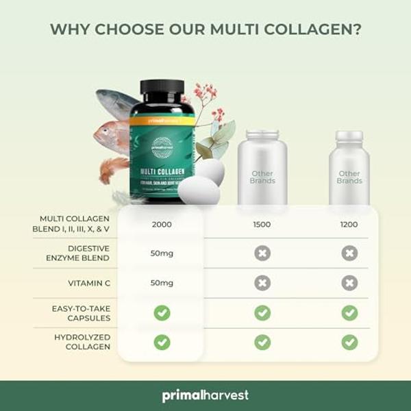 Primal Harvest 2 Pack, Multi Collagen Pills for Women and Men (Type I, II, III, V, X) Collagen Supplements for Women and Men, 120 Capsules w/Vitamin C for Hair, Skin, Nails Collage