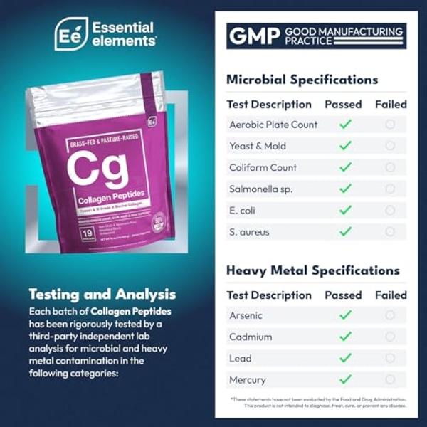 Essential Elements Hydrolyzed Collagen Peptides Powder - Supplement for Joint, Skin, Hair, & Nail Support Types I III Non-GMO, Hormone-Free, Grass-Fed 41 Servings