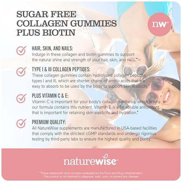 NatureWise Collagen Gummies - Sugar-Free Hydrolyzed Collagen Gummies - Type 1 & 3 Peptides for Women + Biotin, Vitamin C, E, & Zinc for Hair Skin and Nails Support - 180 Count[3-Mo