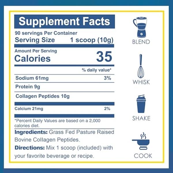 Zammex Collagen Peptides Powder, 90 Servings, Unflavored Instant Powdered, Pure Hydrolyzed Collagen Protein Powder (Type I, III) 100% Grass Fed, Paleo & Keto, Non-GMO, for Skin Hai