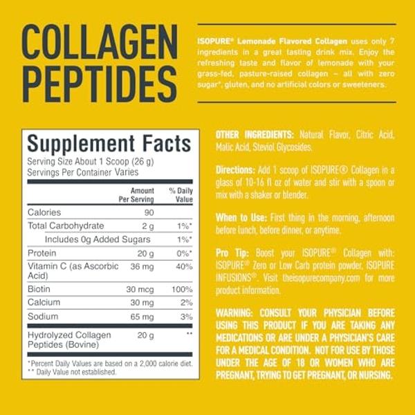 Isopure Collagen Peptides Powder, Lactose Free, Gluten Free, with Vitamin C, Unflavored, 20g Collagen Peptides Per Serving, 1.42 Lb, 28 Servings