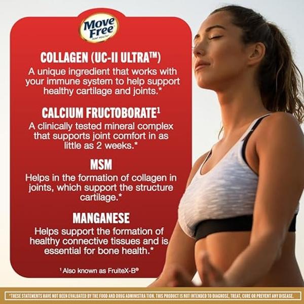 Move Free Ultra Pro with Quadruple Action Joint Support - Type 2 Collagen MSM Calcium Fructoborate & Manganese - Supports Joint Cartiliage Bone Connective Tissue, 120 Tablets (30 s