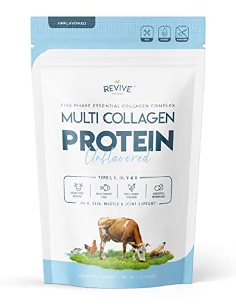 Multi Collagen Hydrolyzed Protein Powder (16oz) - Types I, II, III, V & X - Grass Fed Bovine (Peptan®), Wild Caught Marine, Free Roaming Chicken & Eggshell Collagen Peptides, Non-G