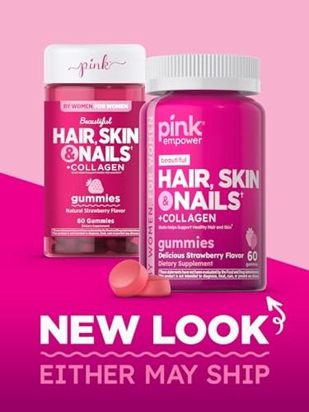 PINK Hair Skin Nails Gummies | 60 Count | Plus Collagen & Biotin | Non-GMO & Gluten Free Vitamins for Women | Strawberry Flavor