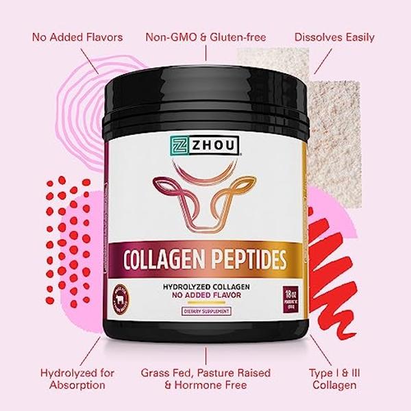 Zhou Collagen Peptides - Pure Hydrolized Collagen Powder for Women & Men, Grass Fed Natural Bovine Collagen for Skin, Hair Growth, Joints & Bones - 18 oz Jar (46 Servings)