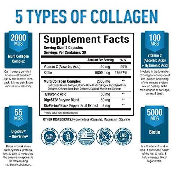 Premium Multi Collagen Peptides (Types I, II, II, V, X) - Collagen Pills for Skin Care, Hair Growth, Nails & Joints - Vitamin C, Hyaluronic Acid, Biotin, Gluten Free - 120 Collagen