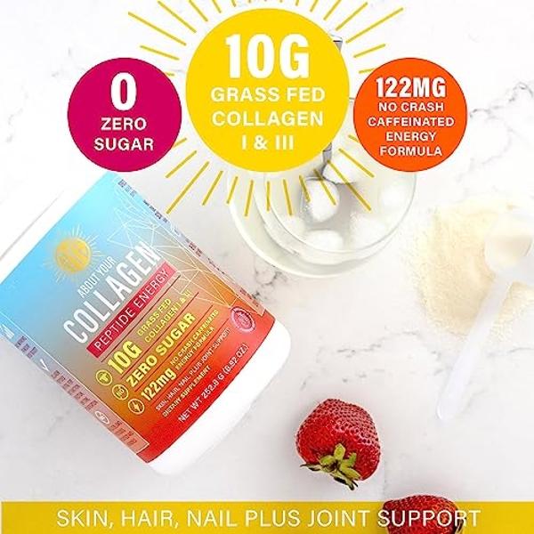 ABOUT YOUR COLLAGEN Peptide Energy Collagen Powder Hair, Nail, Skin, Type I & III,Caffeine for Energy, Vitamin C, Biotin, Hyaluronic Acid, Zero Sugar – 8.92 oz (Pina Colada)