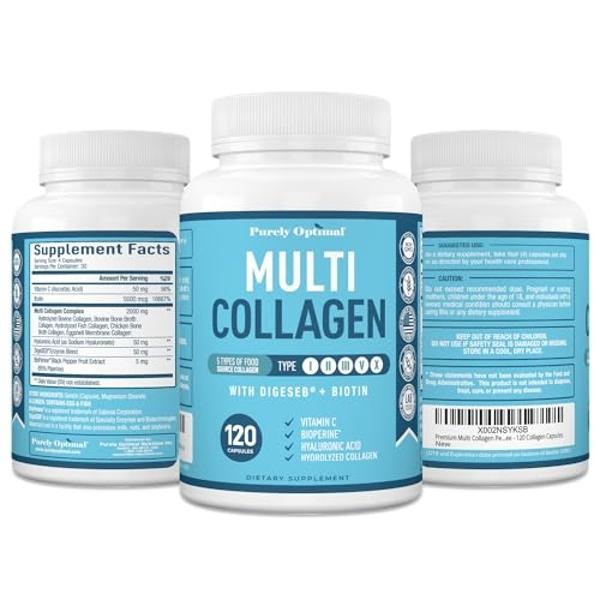 Premium Multi Collagen Peptides (Types I, II, II, V, X) - Collagen Pills for Skin Care, Hair Growth, Nails & Joints - Vitamin C, Hyaluronic Acid, Biotin, Gluten Free - 120 Collagen