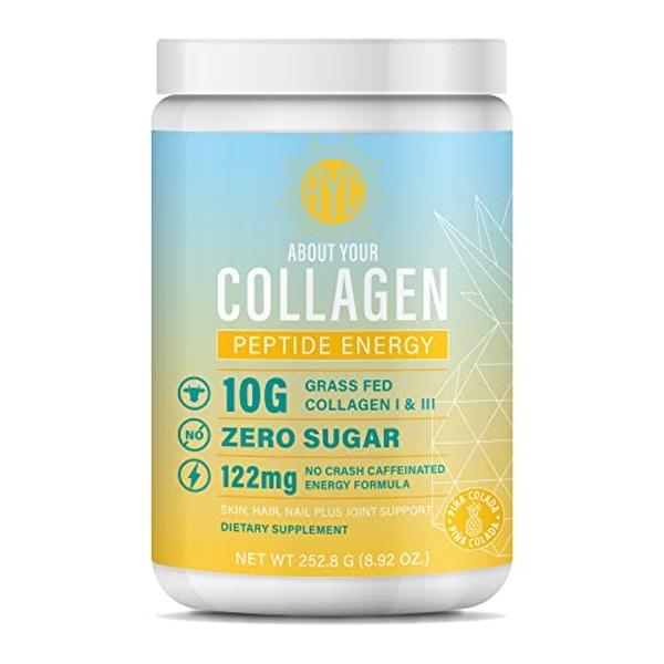 ABOUT YOUR COLLAGEN Peptide Energy Collagen Powder Hair, Nail, Skin, Type I & III,Caffeine for Energy, Vitamin C, Biotin, Hyaluronic Acid, Zero Sugar – 8.92 oz (Pina Colada)